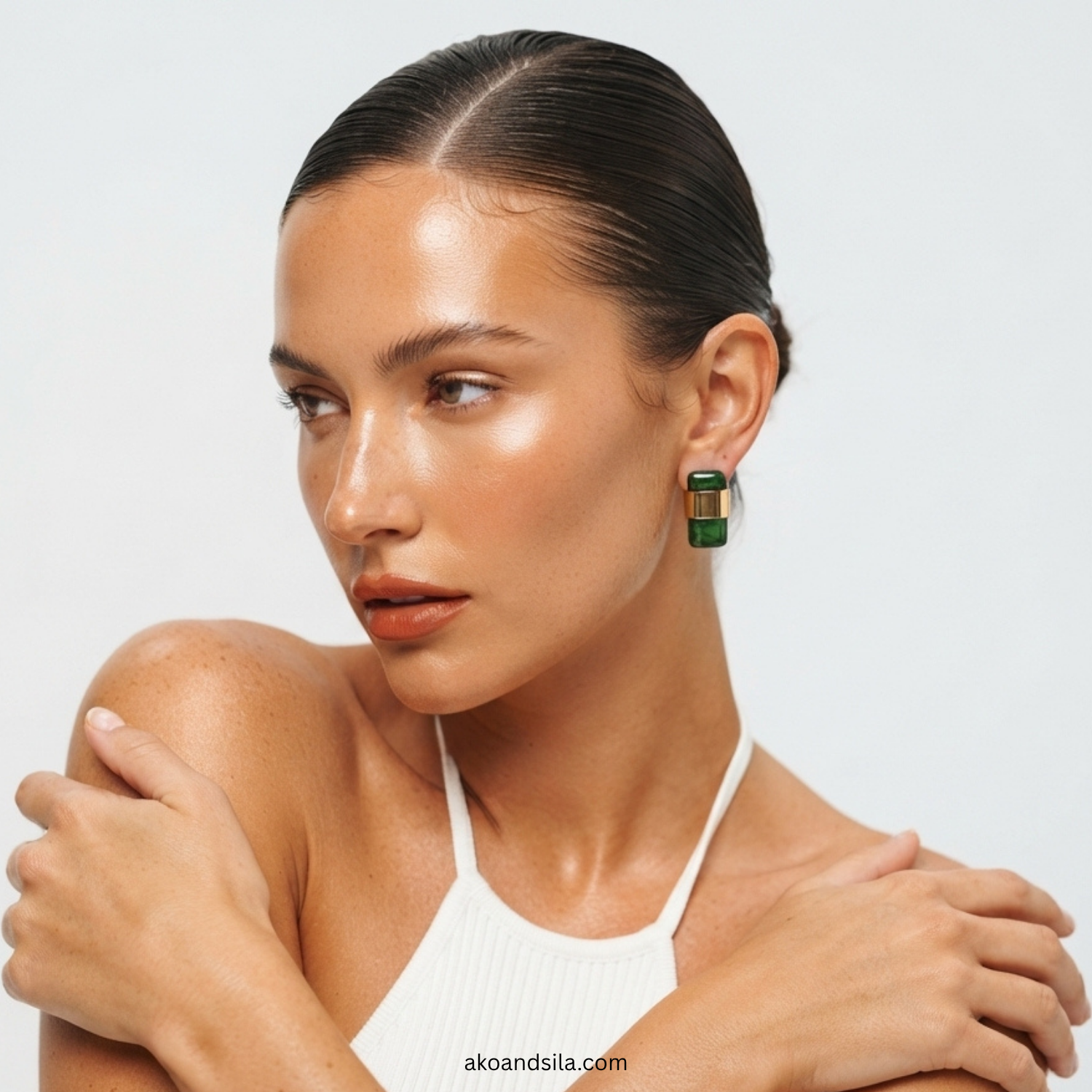 Green Marble Acrylic Rectangle Stud Earrings - Image 2