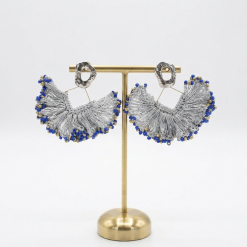 Golden Blue Fringe Beaded Earrings